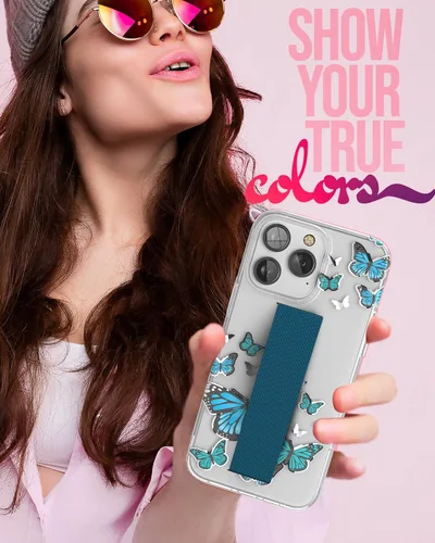 Vista 4 de ENCASED Funda para iPhone 14 diseñada para iPhone 14 con correa de mano, soporte para teléfono y protector de pantalla (mariposa azul)