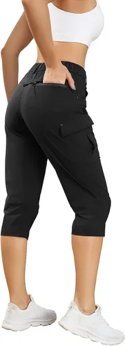 Vista 2 de Panmouo Pantalones tipo cargo para mujer, pantalones capri ligeros, de secado rápido, transpirables, capris