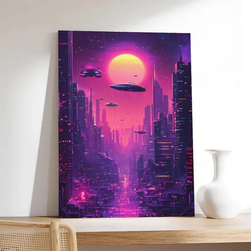 Vista 7 de XAHOR Impresión de ciudad de neón estilo años 80 – Arte de pared retro futurismo para oficina, estudio, dormitorio, lienzo decorativo para pared