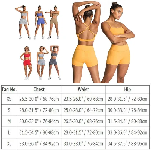 Vista 7 de Trajes de yoga sin costuras para mujer 2 piezas para gimnasio sin mangas tirantes delgados brasier deportivo de cintura alta pantalones cortos