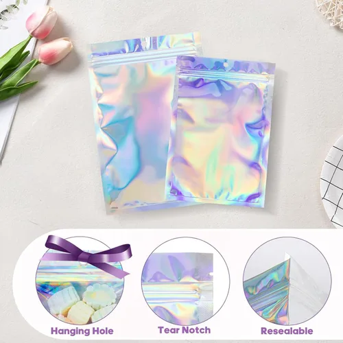 Vista 6 de 100 bolsas de embalaje holográficas, bolsa de papel de aluminio resellable de 2.7x3.9 pulgadas, bolsa de muestra de Mylar ideal para pequeños
