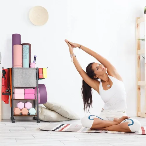 Vista 7 de Estante de Almacenamiento para Esterilla de Yoga, Equipo de Gimnasio en Casa, Organizador de Equipo de Entrenamiento, Soporte para Esterilla de Yoga