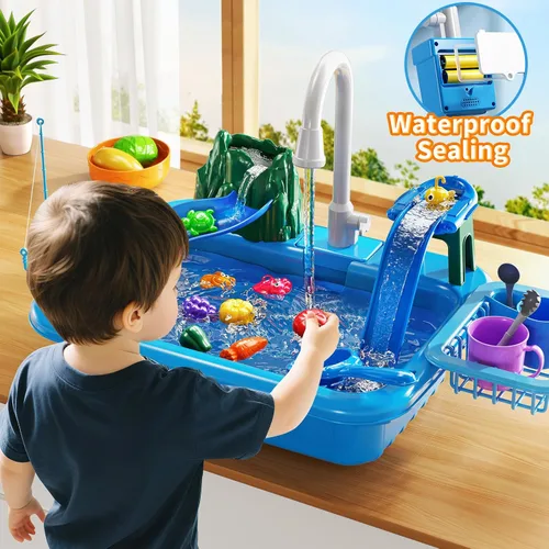 Vista 7 de JUKUDAHU Mesa de Juego de Agua y Fregadero de Juguetes para Niños de 2 3 4 5 6 Años de Edad - Cocina al Aire Libre con Agua Corriente