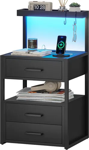 Vista 9 de Mesita de noche con estación de carga y luces LED, mesita de noche LED con 2 puertos USB y 2 salidas de CA, mesa auxiliar moderna con 3 cajones Negro