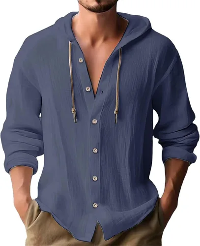 Vista 5 de Camisas de lino para hombre, casual, con botones, de verano, algodón, lino, con capucha, para playa, manga larga, con capucha