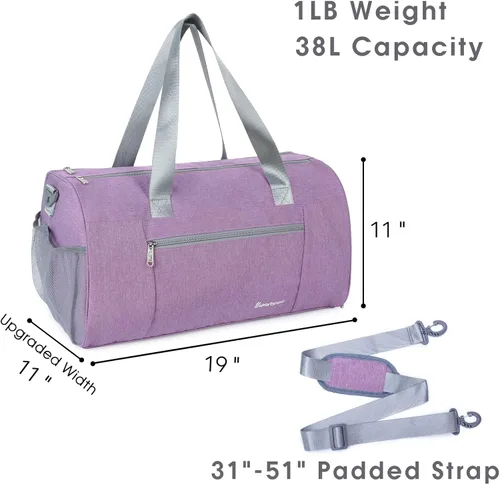 Vista 5 de Bolsa de gimnasio deportiva con bolsillo húmedo y compartimento para zapatos, bolsa de entrenamiento para hombres y mujeres, 4-Morado