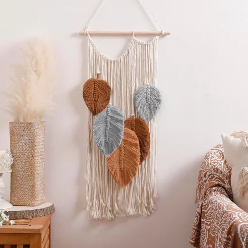 Vista 6 de Tapiz de hojas de macramé para decoración de pared, tapices tejidos bohemios, arte de pared de hojas de otoño, grandes borlas bohemias, adorno