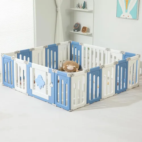 Vista 9 de Bestgame - Corralito para bebés - 14 paneles extragrandes plegables para niños pequeños, valla portátil en forma de OVNI, puerta, patio - Azul