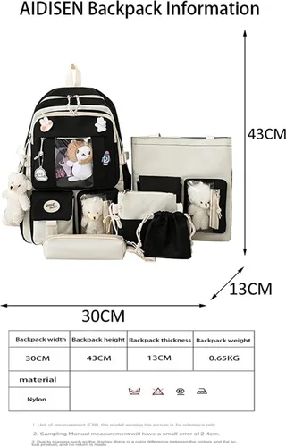 Vista 2 de Mochila Kawaii de 5 piezas, bolsa deportiva estética de 17 pulgadas con bonita mochila, bolsa de hombro, caja de lápices, bolsa de mano, bolsa