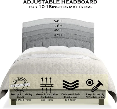 Vista 3 de Rosevera Carlisle Marco de cama con cabecera ajustable con botones para dormitorio, tapizado de lino, soporte de listones de madera, fácil montaje