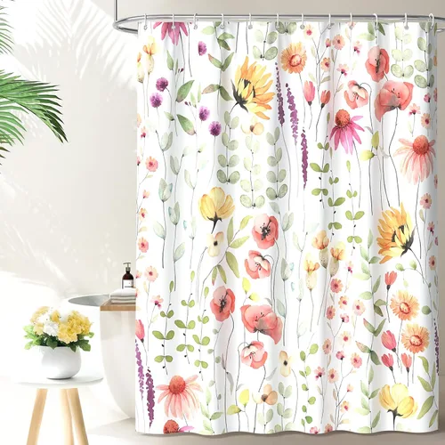 Vista 8 de QiyI Cortina de ducha floral de acuarela, cortina de baño de primavera con estampado de flores, decoración del hogar, lavable a máquina, cortina