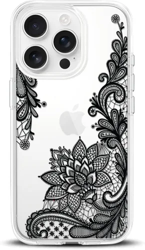 Vista 10 de Compatible con iPhone 15, funda transparente de encaje negro floral a prueba de golpes, parte trasera dura, delgada, bonita funda transparente