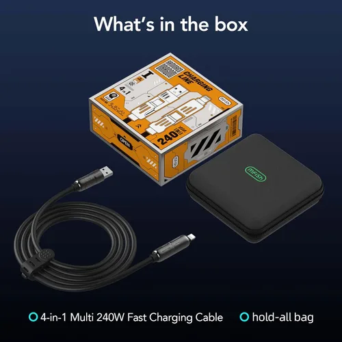 Vista 7 de MFish Cable de carga USB 4 en 1 con funda de transporte, cable de carga rápida de 240 W, USB-A y USB-C dual a USB-C/Lightning, para iPhone Negro