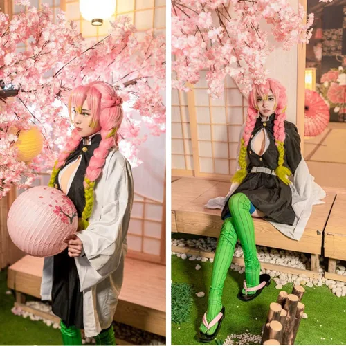 Vista 3 de UZAIN Disfraz de cosplay para mujer, disfraz de anime Kamado Tsuyuri Shinobu Mitsuri, conjunto completo con bambú