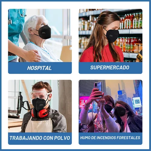 Vista 8 de Mascarillas Faciales KN95 Negras para Adultos - Paquete de 100 Mascarillas Desechables Cómodas de Seguridad de 5 Capas y 5 Extensores de Mascarillas