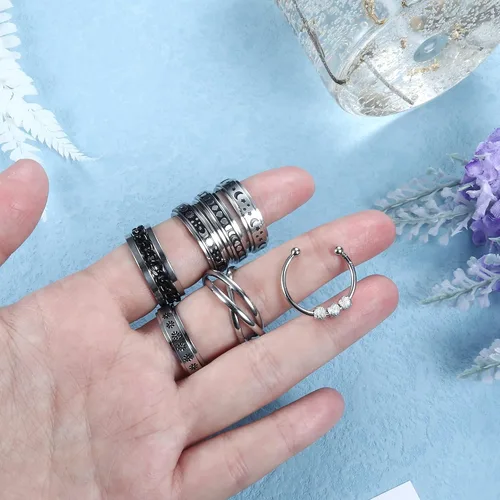 Vista 6 de Sanfenly Juego de 9 anillos antiestrés para la ansiedad para mujeres y hombres cadena fría de acero inoxidable con incrustaciones de luna sol