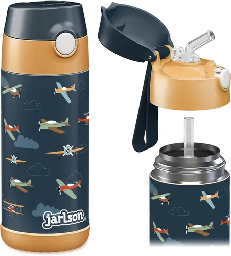 Vista 12 de Jarlson® CHARLI - Botella de agua para niños [12 onzas], botella térmica de acero inoxidable con pajilla, botella de agua aislada a prueba