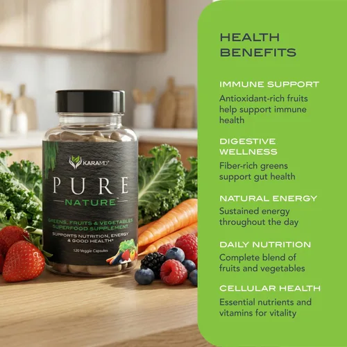 Vista 4 de KaraMD Pure Nature - Suplemento de verduras, frutas y verduras, vitaminas, fibra y antioxidantes, 20 suplementos de frutas y verduras para energía