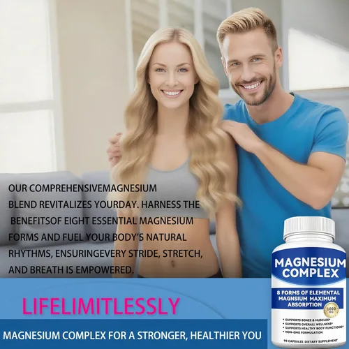 Vista 4 de Complejo de magnesio de 1000 mg con 8 formas: glicinato, citrato, malato, taurato para absorción, apoya hueso, músculo, energía y recuperación
