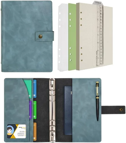 Vista 14 de WONDERPOOL Cuaderno de cuero recargable, cuaderno en espiral, carpeta de carpetas de diario A5 con puntos y bolsillos interiores para viajes, Marrón