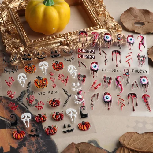 Vista 5 de Calcomanías de uñas 5D para Halloween, cabeza de calabaza, suministros de arte de uñas para decoración de uñas (Halloween A)