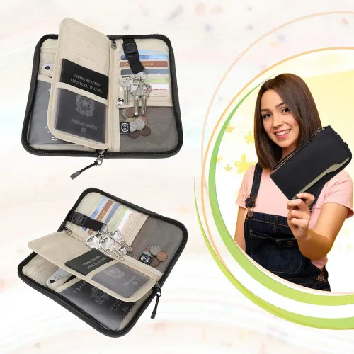 Vista 6 de ZOPPEN Cartera de viaje RFID y organizador de documentos con cremallera con correa de muñeca extraíble Cartera RFID