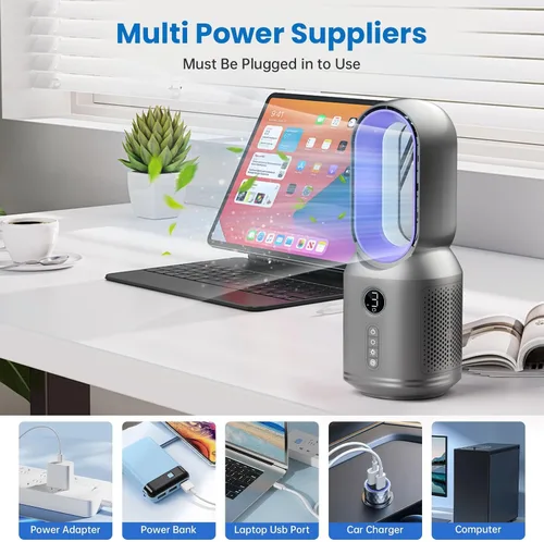Vista 7 de Desk Fan,13 Inch Portable Bladeless Fan, Small Quiet Office Fan with 106° Oscillating, 3 Speeds & Night light, LED Display, Button Control, Personal