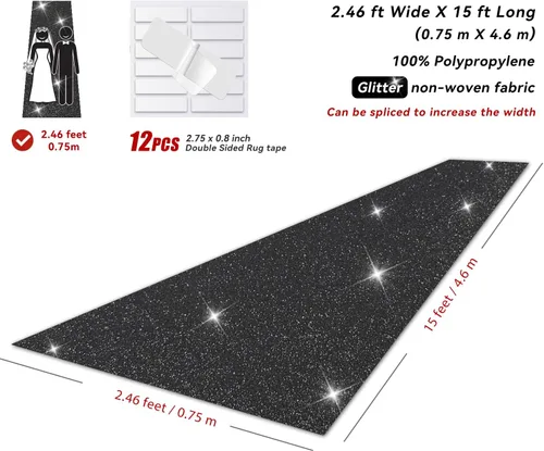 Vista 3 de EZLucky Alfombra negra con purpurina para fiesta, 2.46 x 15 pies, tela no tejida con purpurina de 200 GSM, alfombra negra Hollywood para eventos