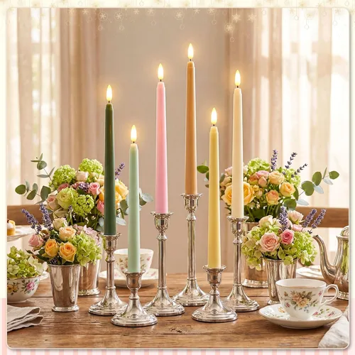 Vista 4 de Baquler 24 velas cónicas sin llama de 11 pulgadas, color rosa y verde, funciona con pilas, velas LED coloridas y parpadeantes de plástico dorado