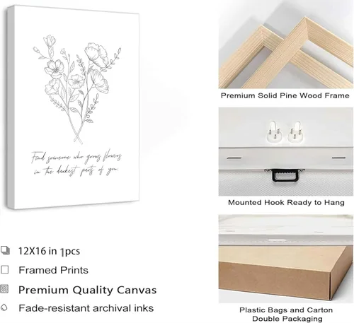 Vista 8 de Lienzo inspirado en la música country de Sun to Me, arte de pared minimalismo negro y blanco retro con flores para decoración de pared, póster