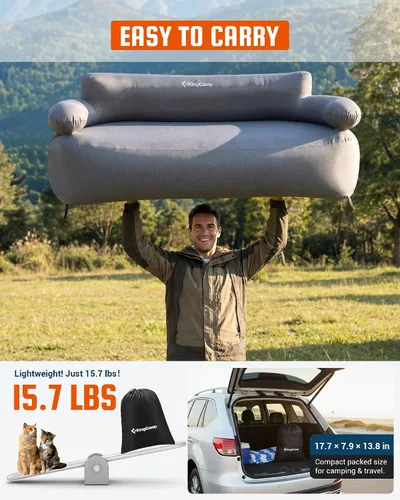 Vista 7 de KingCamp Sofá inflable para camping, sofá inflable para 2 personas con bomba de pie, tumbona de aire resistente de 880 libras, funda extraíble