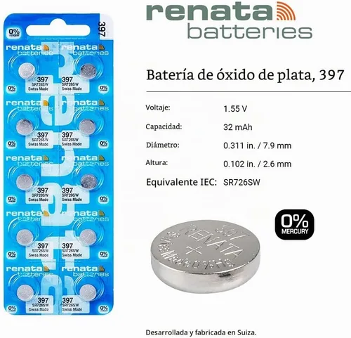 Vista 2 de Renata 397 SR726SW Baterías – 1.55 V Óxido de Plata 397 Batería de reloj (2 unidades)