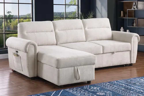 Vista 6 de Lilola Home Hugo Sofá modular reversible de felpilla beige de 97 pulgadas con diván de almacenamiento, cama extraíble, puertos de carga USB
