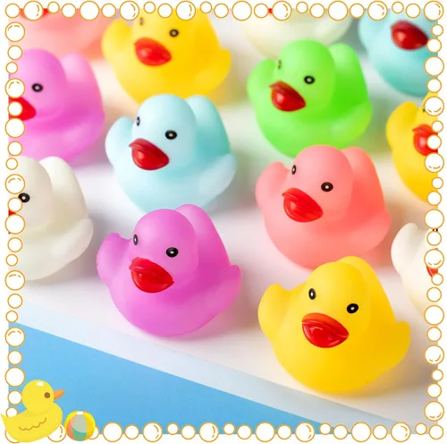 Vista 5 de 24 patos de goma que brillan en la oscuridad de 2.2 pulgadas, mini pato de goma fluorescente, juguetes flotantes para tina de bebé, fiestas