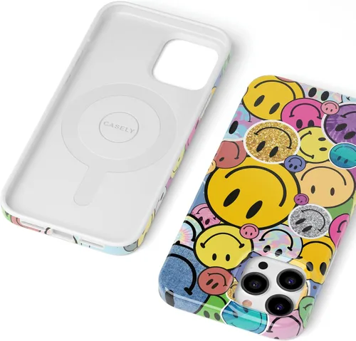 Vista 5 de Casely Funda para iPhone 14 Pro Max Todas las sonrisas Adhesivo de cara sonriente Compatible con MagSafe Diseño ultra delgado clásico