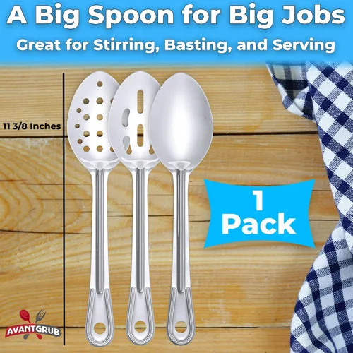Vista 6 de Cuchara de servir súper fuerte, ergonómica de 11 pulgadas, paquete de 3 cucharas grandes de acero inoxidable para cocinar, hornear, revolver