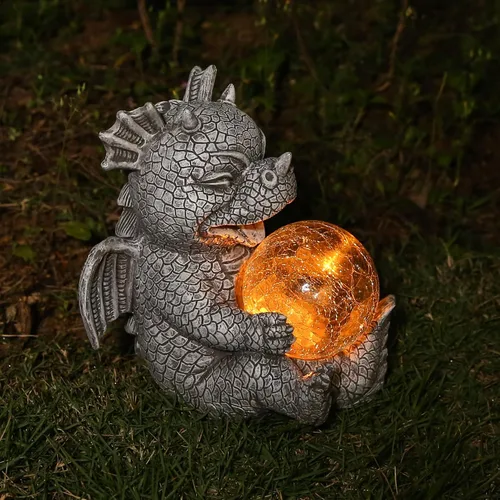 Vista 7 de Estatua de Dragón de Jardín con Energía Solar Figura Luminosa para Exteriores Decoración Linda que Sostiene Bola de Cristal Brillante Escultura