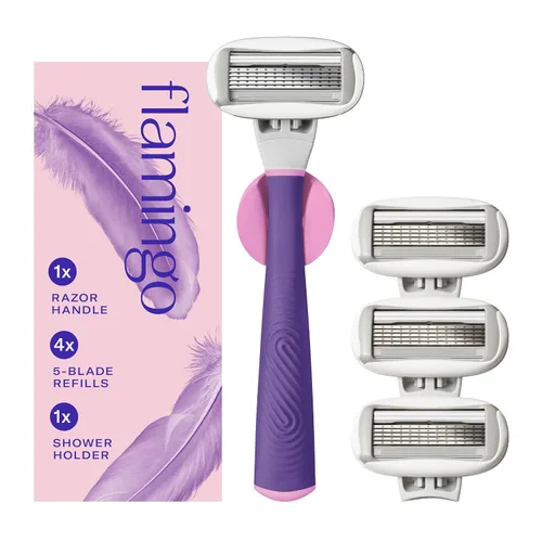 Vista 10 de Flamingo Juego de maquinilla de afeitar para mujer, mango de afeitar, 4 recambios de cuchillas de afeitar, soporte de ducha, cromado