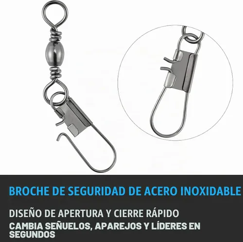Vista 6 de Dr.Fish Paquete de 50 aparejos de pesca giratorios de barril, accesorios de pesca de acero inoxidable, cierre de seguridad de acero inoxidable