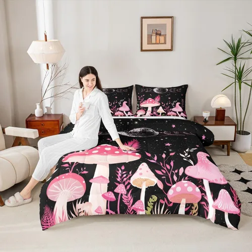 Vista 30 de Juego de edredón de champiñones para niños, tamaño individual, juego de ropa de cama romántica con sol, luna, cielo estrellado y galaxia, decoración