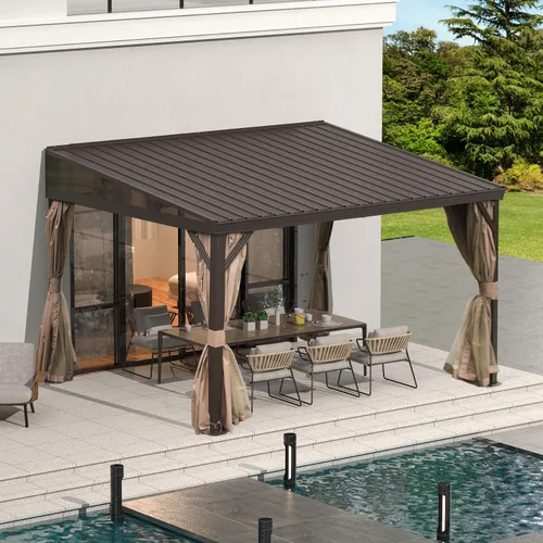 Vista 2 de Domi - Cenador de 12 x 14 pies con techo rígido de acero galvanizado inclinado, pérgola de pared con marco de aluminio, cortinas y red, para patio