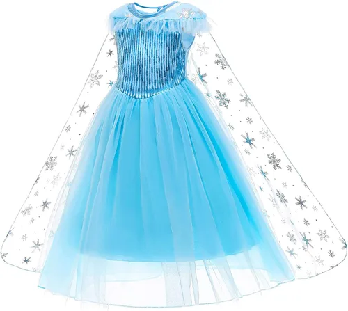 Vista 3 de Vestido de princesa para niñas, disfraz de princesa para Halloween, cosplay, fiesta de cumpleaños, vestido con capa azul