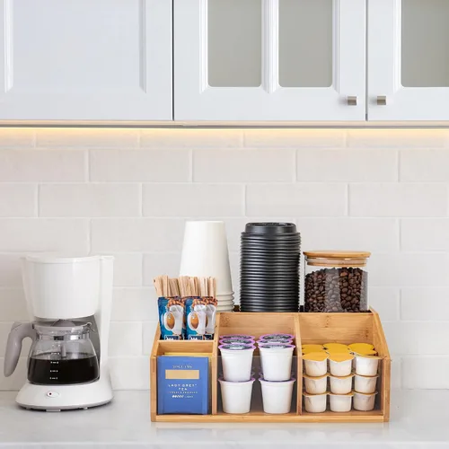 Vista 3 de Organizador de estación de café de bambú para encimera, organizador de accesorios de barra de café con 6 compartimentos para bolsas de té