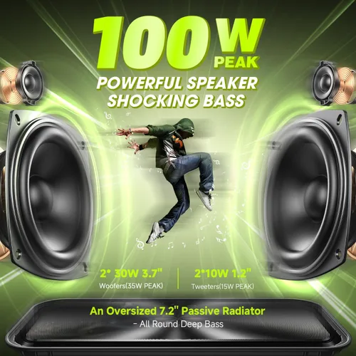 Vista 2 de Altavoz Bluetooth portátil de 100 W (pico) fuerte con graves profundos, altavoces impermeables W-KING IPX6 Bluetooth inalámbrico, radiador pasivo