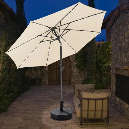 Vista 25 de Sombrilla solar de patio de 10 pies con base, 32 luces LED, sombrilla de mercado al aire libre con botón de inclinación y grietas para jardín Azul