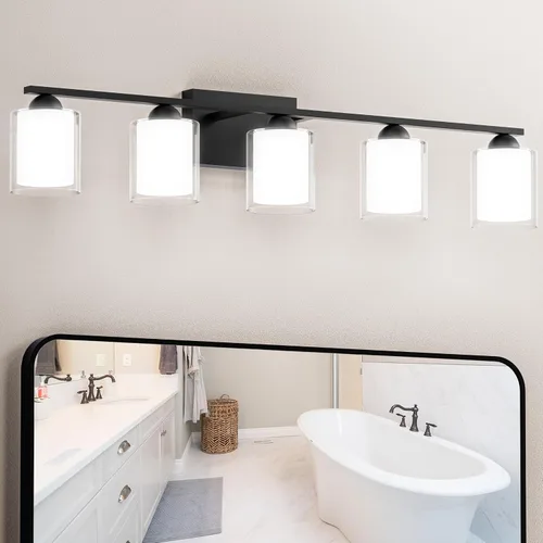 Vista 12 de Quntis Lámparas de baño de níquel cepillado con 5 modos de color, lámpara de tocador de baño moderna regulable de 3 luces sobre espejo, lámpara