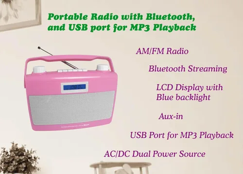 Vista 2 de HANNLOMAX Radio AM/FM portátil HX-500R, Bluetooth, puerto USB para reproducción de MP3, entrada auxiliar, fuente de alimentación dual AC/DC. (rosa)