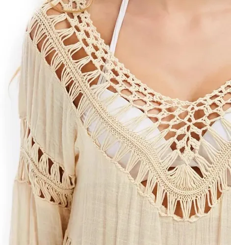 Vista 4 de Blusa para mujer estilo bohemia con cuello en V, túnica, blusas, para cubrir traje de baño.