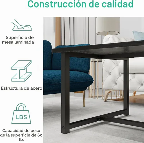 Vista 4 de Mesa de Café Negra Rectangular Mesa Central para Sala de Estar Mesa Lateral de Espacio Abierto con Marco de Metal, Fácil Montaje, Mesa de Café