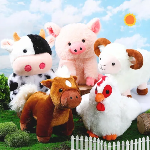 Vista 5 de Skylety Juego de 5 animales de peluche de granja de 10 pulgadas, animales de peluche de granja suave, cerdo gallo, caballo, oveja, vaca, juguete